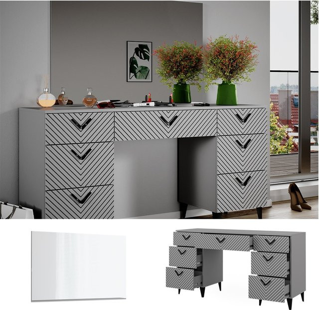 Vicco Schminktisch Anett Grau mit Spiegel und 7 Schubladen, Breite: 150 cm, Tiefe: 78 cm - Bild 1