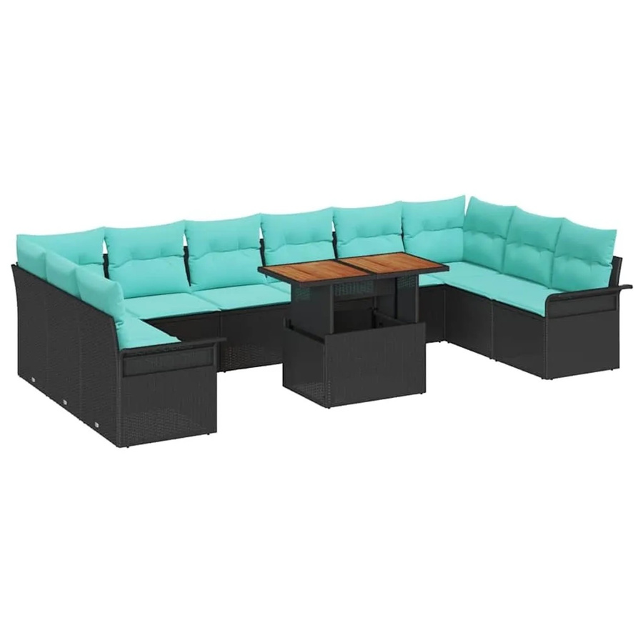 vidaXL Gartensofa-Set aus Poly-Rattan mit 11 Teilen in Schwarz und Blau inklusive Kissen und Gartentisch - Bild 2