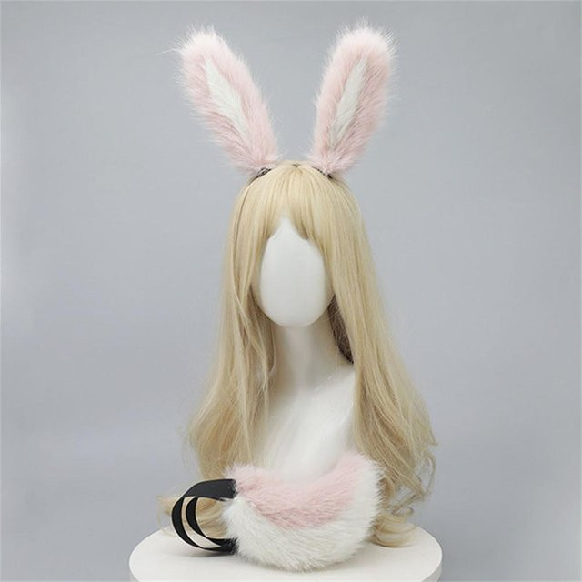 YIRAN Kaninchen Ohren und Schwanz, Plüsch, 2-teiliges Set, Rosa - Bild 1