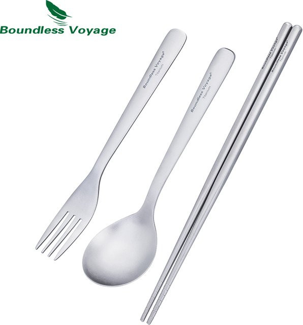 Boundless Voyage Camping Titan-Besteckset aus Metall in Silber Matt mit Löffel, Gabel und Essstäbchen - Bild 1