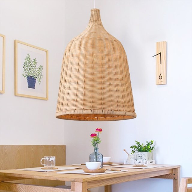 JOYINLED Pendelleuchte aus Rattan und Bambus in Beige, runder Schirm im Boho-Stil für Küche und Esszimmer, Fassung E27, Durchmesser: 26 cm - Bild 1