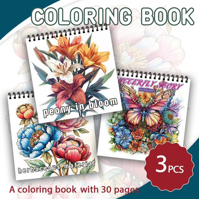 3-teiliges Malbuch-Set für Erwachsene mit Blumen- und Schmetterlingsmustern, 30 Seiten, spiralförmig gebunden, Mehrfarbig - Bild 1