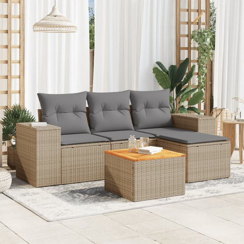 Vidaxl Gartenmöbel-Set aus Polyrattan und Akazie mit Kissen, 5-teilig, Beige - Bild 1
