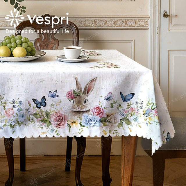 Vespri Oster-Tischdecke aus Polyester mit Blumenmuster in Weiß und Grün für runde, rechteckige oder ovale Tische - Bild 1