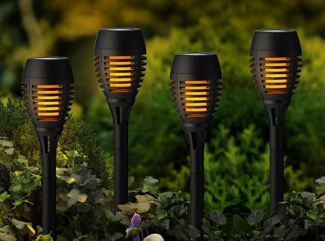 4er Set Solarleuchten Gartenfackel in Schwarz mit Flammeneffekt, Höhe: 27 cm - Bild 1