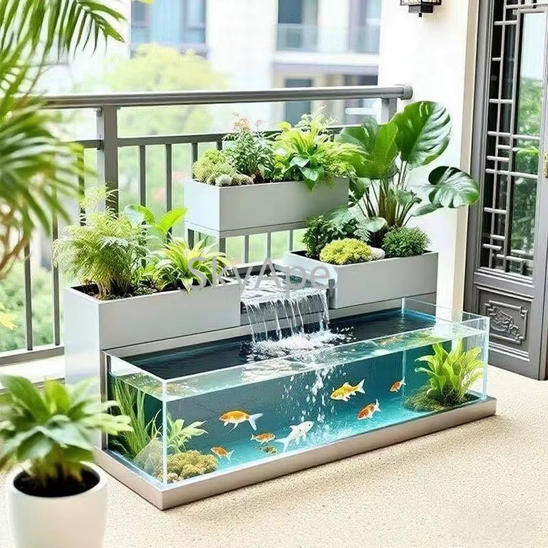 Modernes Wasserfall-Aquarium mit Blumen-Design aus Metall und Acryl in Grau, B/T/H: 140 x 60 x 50 cm - Bild 3