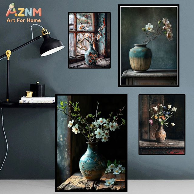 AZNM Vintage Leinwand-Wandkunst Blumen-Stilleben mit rustikalem Blumenstrauß-Druck in Mehrfarbig - Bild 1