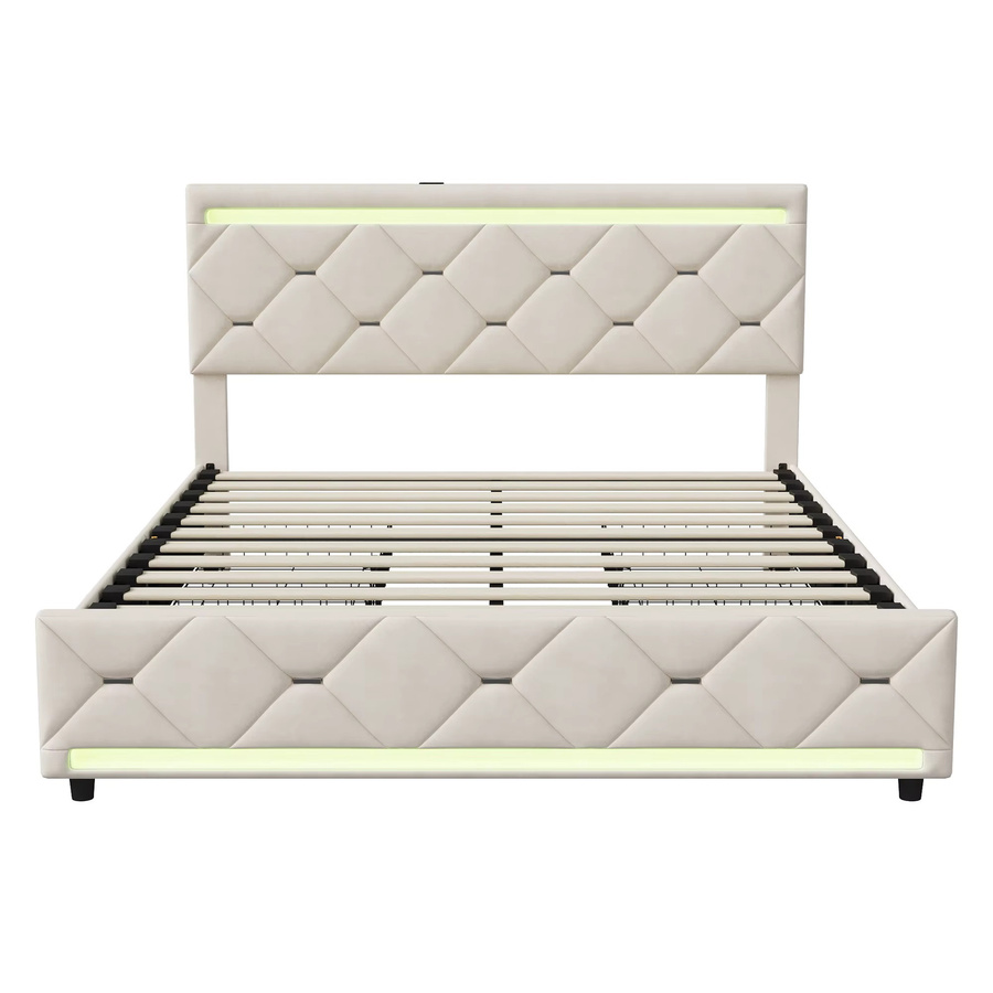 fangange Bettgestell mit Samtbezug in Beige mit vier Aufbewahrungsschubladen, LED-Farbwechselbeleuchtung und USB-Ladeanschlüssen, robustes Metall-Holzlattenrost-Bett, 160 x 200 cm - Bild 6
