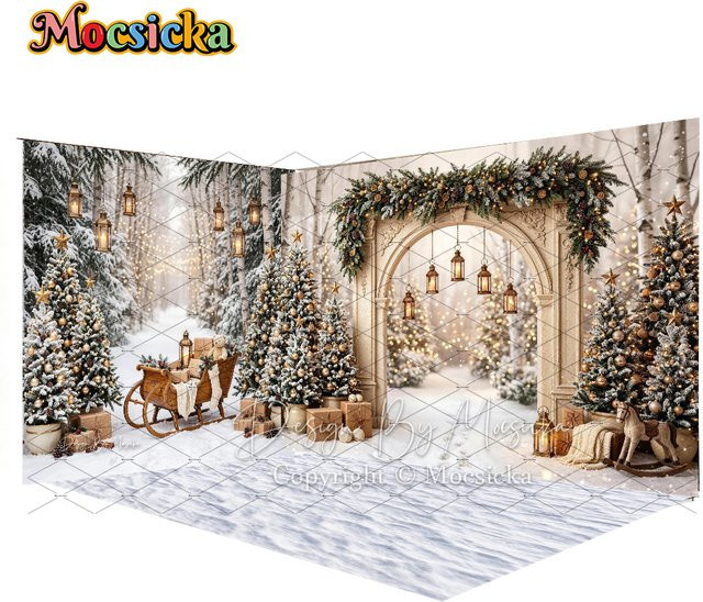 Mocsicka Fotohintergrund Weihnachten mit weißem Schneeboden, Weihnachtsbaum, Vintage-Schlitten und Laterne in Weiß - Bild 1