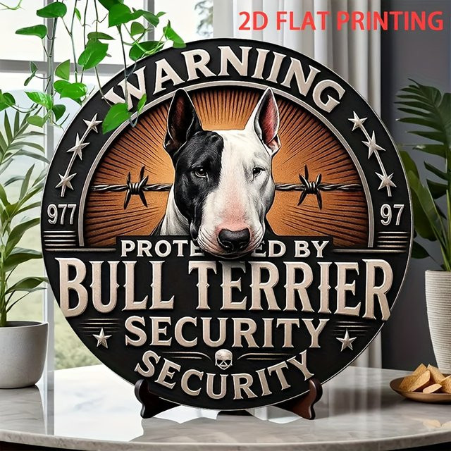 Bullterrier Warnschild Wanddekoration im Vintage-Stil von Potdemiel, rundes Metallschild mit Bullterrier-Porträt und Drahtgeflecht-Hintergrund, mehrfarbig, Durchmesser: 20 cm - Bild 1
