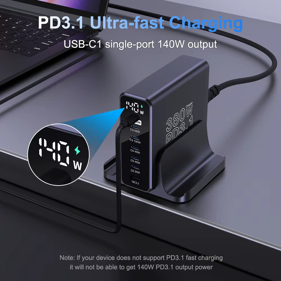 Ubigbuy GaN USB C Ladegerät 380 W mit LCD-Display, PD 3.1 Schnellladestation in Schwarz für iPhone 15, Samsung und MacBook Pro/Air - Bild 4