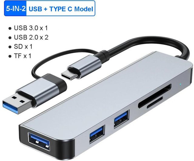 Kebidumei 8-in-2 USB-C-Dockingstation mit USB-Splitter-Adapter, SD/TF-Kartenleser und 3,5 mm Audio-Buchse, Grau - Bild 1