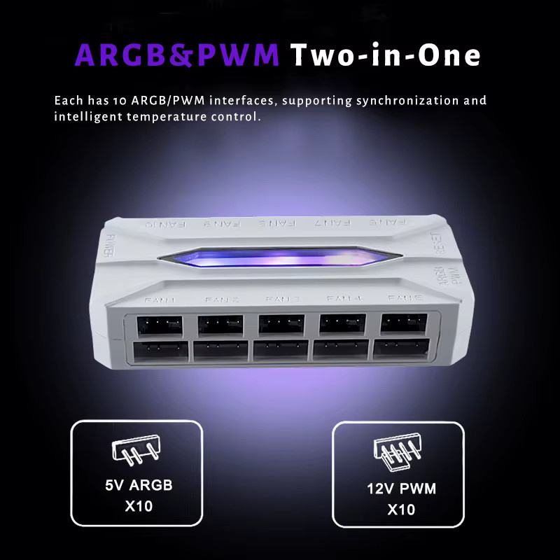 AuyiHomu Wärmeableitungs-Lüfter-Kit in Schwarz mit 6 Lüftern und 1 Hub inklusive 10 PWM- und 10 ARGB-Anschlüssen - Bild 2