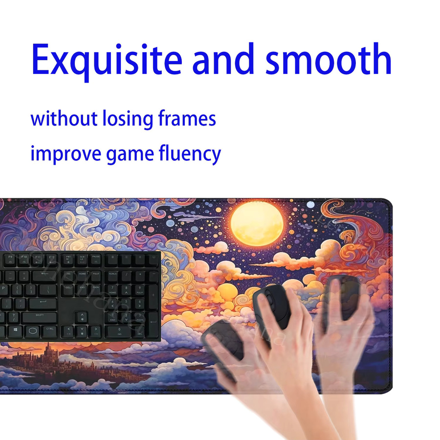 Eenehana XXL-Mauspad Cloud Overlock mit Vollmond und Nacht Motiv, rutschfestes Gaming-Mauspad für PC und Tastatur, B/B: 90 x 40 cm, multicolour - Bild 3