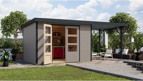 KARIBU Gartenhaus Osterby 5 D aus Fichtenholz in Grau mit Pultdach und Zylinderschloss, B/H/T: 536,5 x 209 x 242 cm - Bild 1