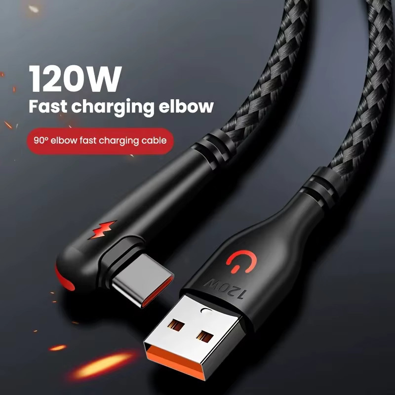 VBNM USB-A auf USB-C Schnellladekabel mit 90-Grad-Winkel, geflochten, 120 W, Rot-Schwarz - Bild 3