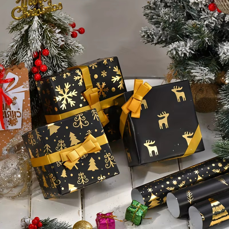 6er-Pack Weihnachts-Geschenkpapier in Schwarz und Gold mit Rentier- und Schneeflocken-Design aus glänzender Folie - Bild 4