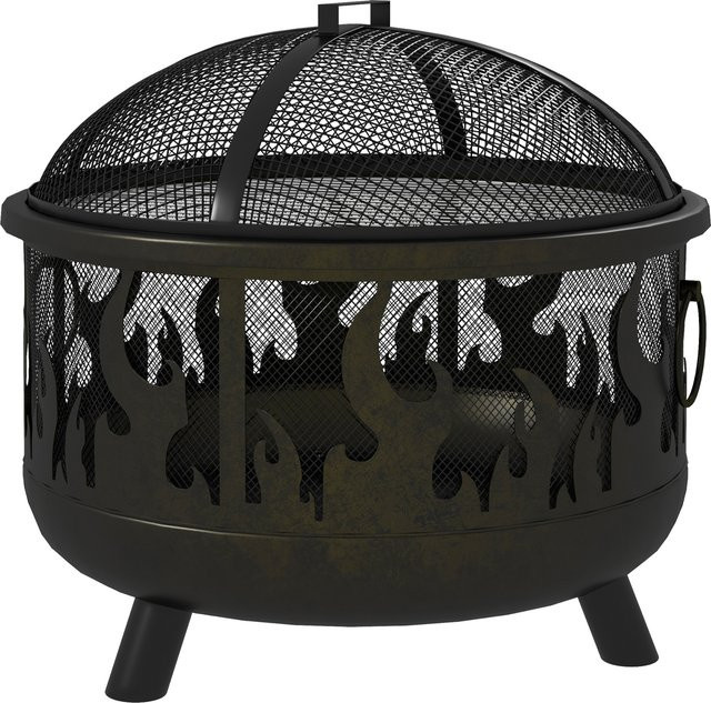 Outsunny Feuerschale aus Metall mit Funkenschutz, Schürhaken und Grillrost in Schwarz, B/T/H: 61 x 55 cm - Bild 1