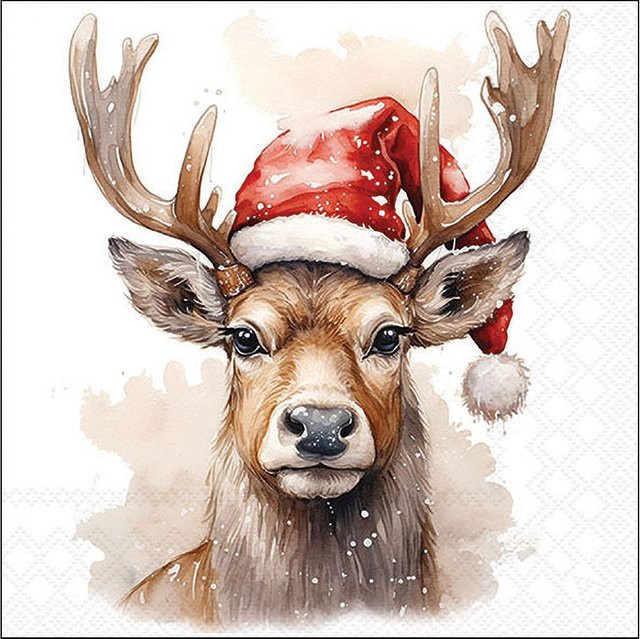 Weihnachtliche Papier-Serviette Deer With Santa Hat in Weiß - Bild 1