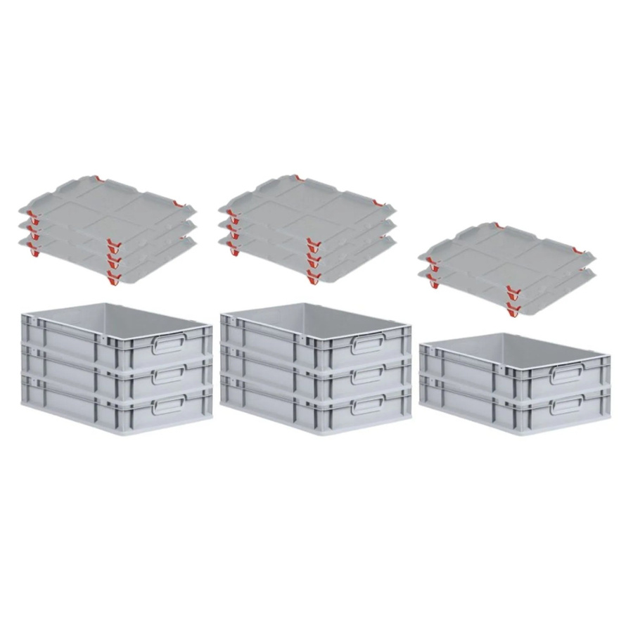 PROREGAL SuperSparSet 8x Eurobox NextGen Grip mit Auflagedeckel und roten Schiebeschnappverschlüssen, Grau, H x B x T: 12 x 40 x 60 cm - Bild 2