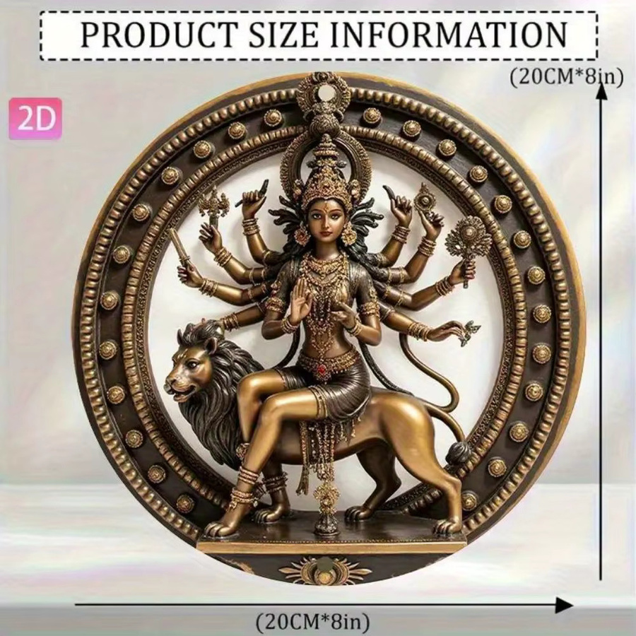 HELLOYOUNG Vintage Hindu-Göttin Durga Statue als Wandkunst-Plakette aus Aluminium in Gold und Schwarz mit Löwenhalterung - Bild 3