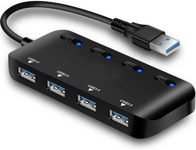 OULLX 4-Port USB 3.0 Typ C Hub mit Schalter in Schwarz für Hochgeschwindigkeits-Datenübertragung von HDD, SSD, Maus und Tastatur - Bild 1