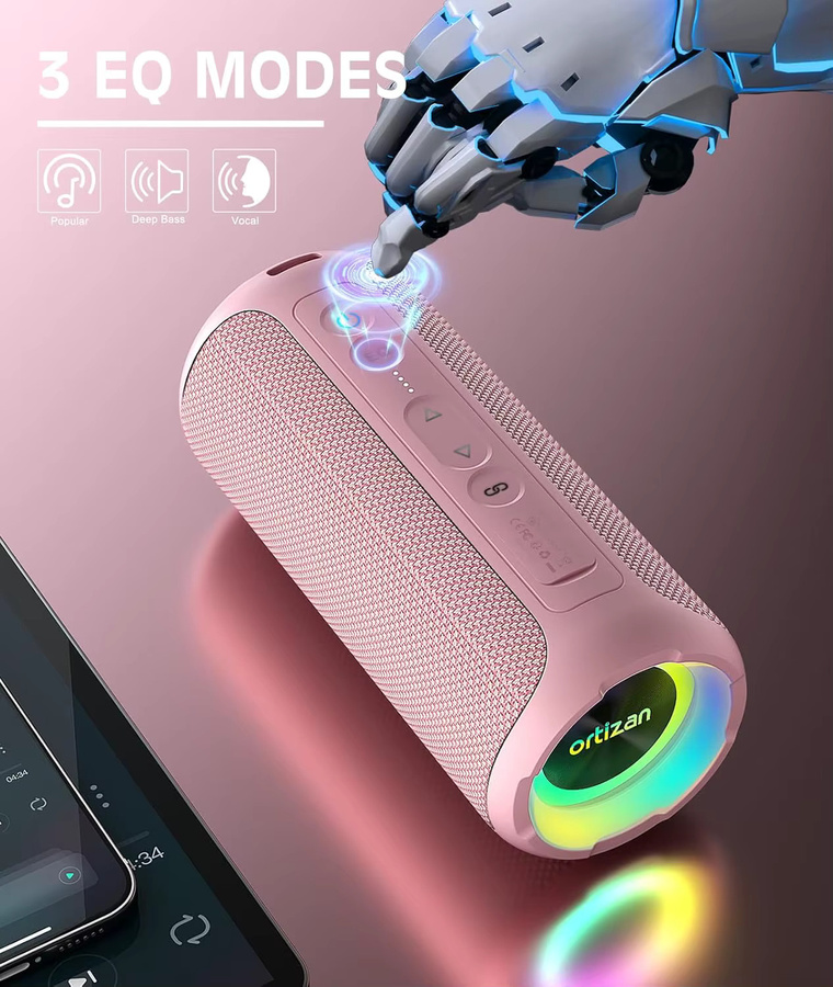 Ortizan X8 Pro Bluetooth-Lautsprecher mit RGB-Leuchten, wasserdicht und tragbar, Schwarz/Pink/Mehrfarbig - Bild 5