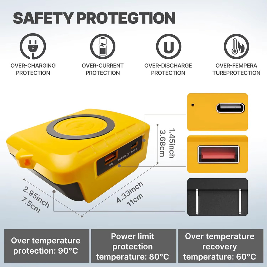 Dewalt Kabelloser Ladegerät-Adapter für 20 V Akku mit USB-C und USB 2,1 A Schnellladeanschlüssen, 15 W max., Gelb - Bild 2