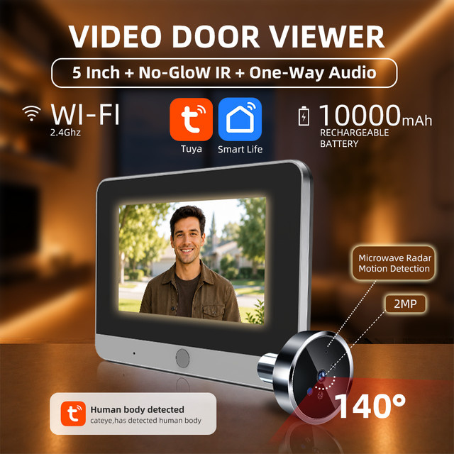 Tuya Mini Digitaler Türspion mit 5-Zoll-Bildschirm, WiFi, 2MP Kamera, Mikrowellenradar Bewegungserkennung und 10000mAh Akku - Bild 1