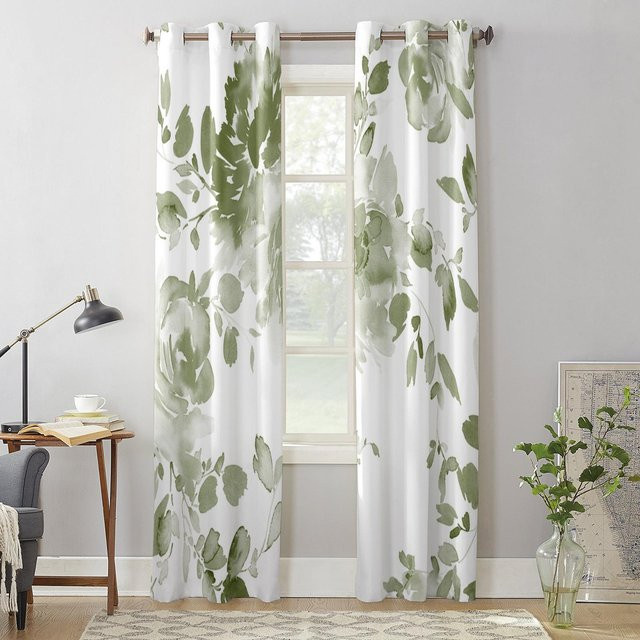 Binchi Outdoor Equipment Fenstervorhang mit Aquarellblumen in Salbeigrün, semi-transparentes Stoffpanel mit Ösen, Breite: 135 cm, Höhe: 135 cm - Bild 1
