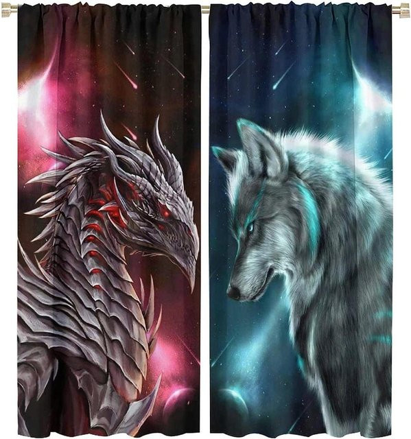A Family Of Home Textiles 3D Wolf Vorhang mit Mond Motiv, 2er Set transparente Polyester Vorhänge, Multicolour, B: 75 cm, H: 166 cm - Bild 1