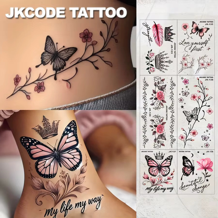 JKCODE TATTOO Temporäre Tattoos Pinky Rose Butterfly, 8 Stück, bunt - Bild 4