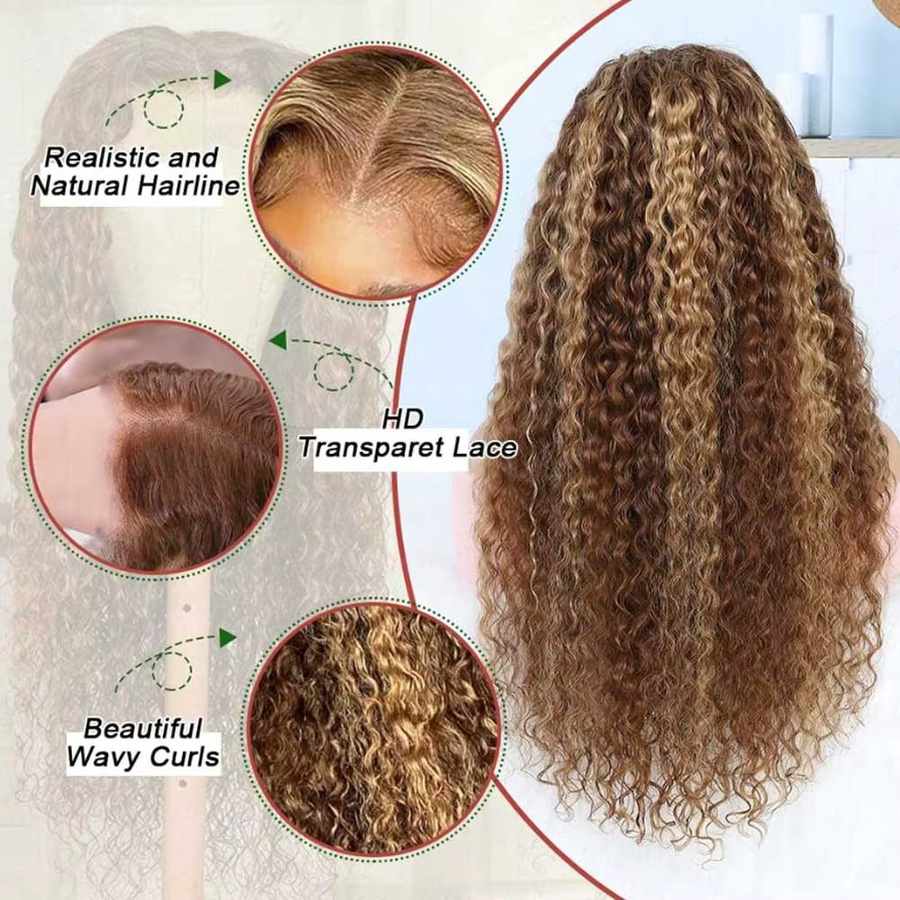 CYPHA Echthaar-Perücke, gelockt, honigblond, 13 x 4 HD-Spitze-Frontal - Bild 2
