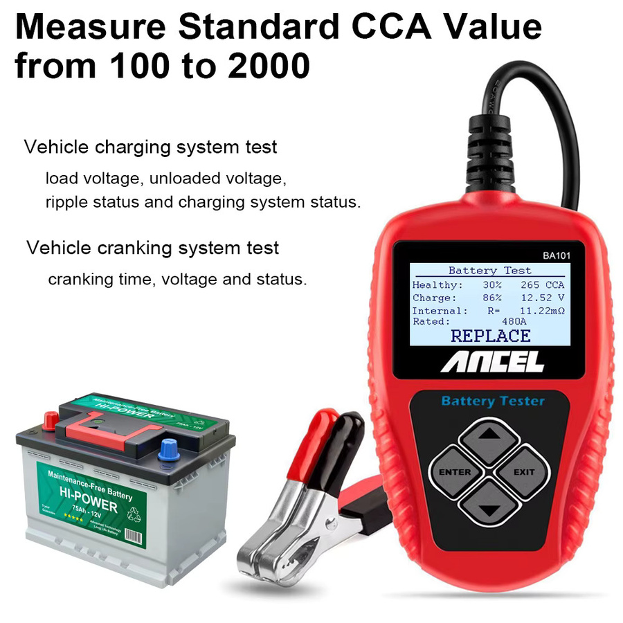 ANCEL BA101 Autobatterietester 12V Batterieanalysator mit 2000CCA und 220AH, Mehrsprachiges Diagnosetool für Automotive Autobatteriescanner, Rot - Bild 2