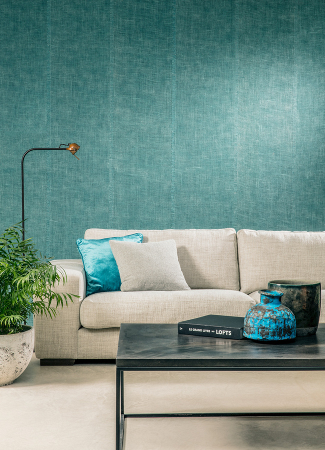 Arte International Wallpaper Uno in Petrol und Türkis mit abstraktem Design und Textur aus Jute - Bild 1