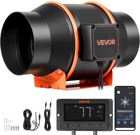 VEVOR Inline Duct Fan mit EC Motor, 152,4 mm Durchmesser, 683 m³/h, Schwarz, mit 10-Stufen PWM Controller, App-Steuerung sowie Temperatur- und Feuchtigkeitssensor für Indoor Gardening und Hydroponik - Bild 1