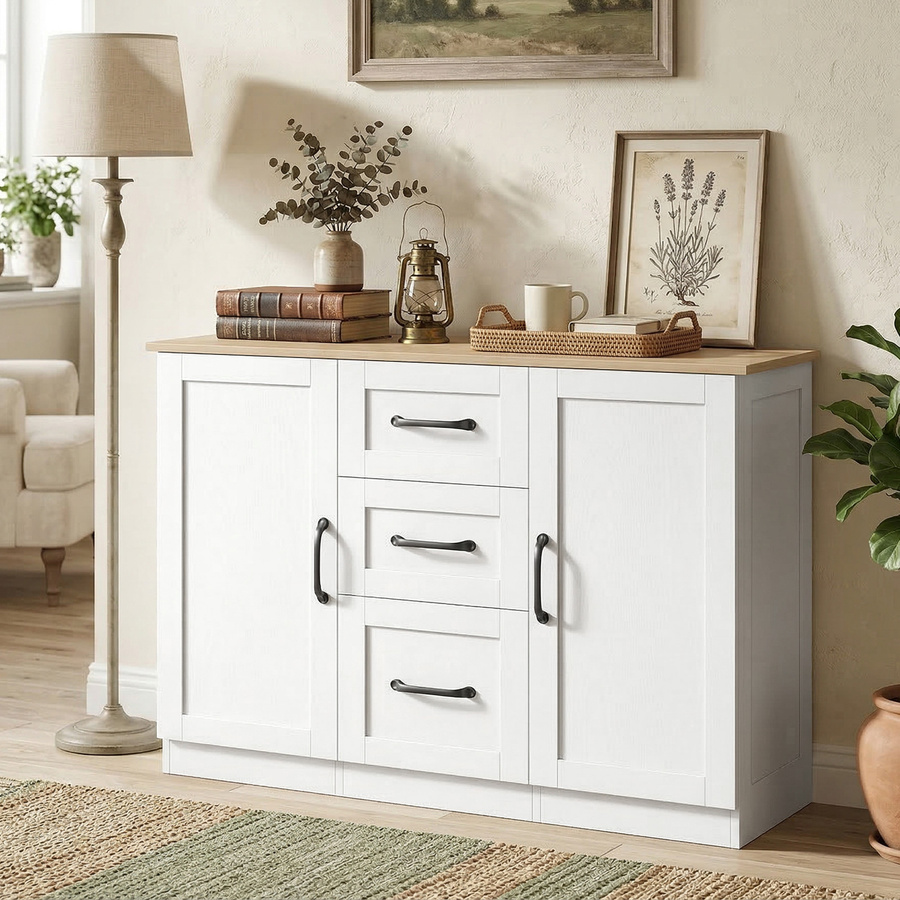 HOMCOM Sideboard modernes Design mit 2 Soft-Close-Türen und 3 Schubladen, Weiß und natürliches Holz, B/T/H: 110 x 35 x 80,4 cm - Bild 2