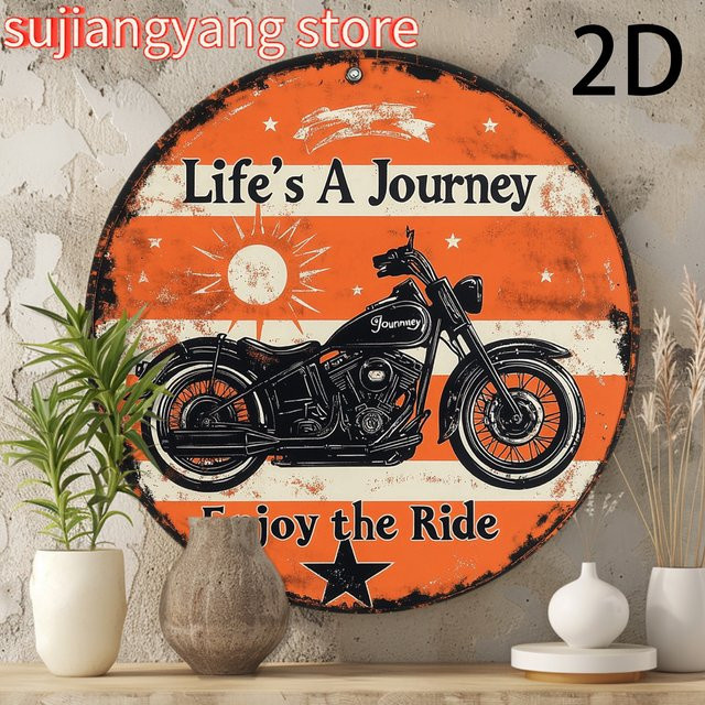 Potdemiel Vintage-Motorrad-Wanddekoration aus Metall, rund, orange, Durchmesser: 20,3 cm - Bild 1