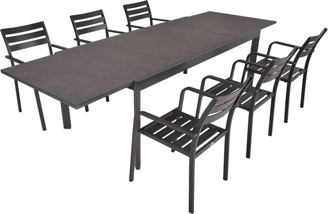 DELUKE Garten-Sitzgruppe EGON 7-teilig aus Kunststoff und Aluminium in Grau mit ausziehbarem Glastisch - Bild 1