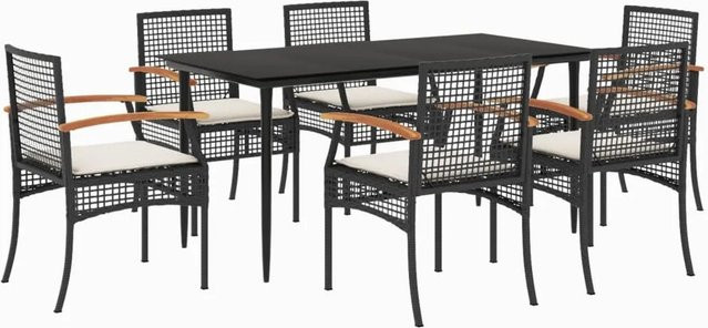 vidaXL 7-teilige Garten-Essgruppe aus Poly Rattan und Akazienholz in Schwarz mit cremeweißen Kissen und Glastisch - Bild 1