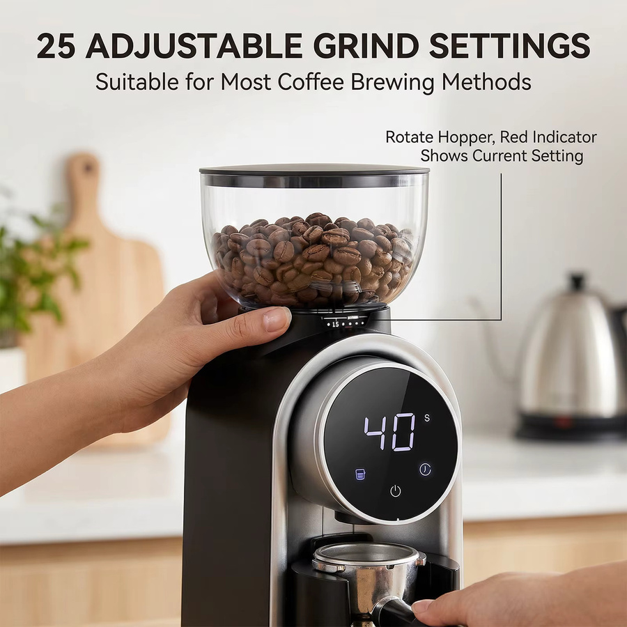 Podofo Elektro-Kaffeemühle mit Touchscreen, Schwarz, 25 Mahlstufen, 250g Bohnenbehälter und 160g Pulverbehälter - Bild 7