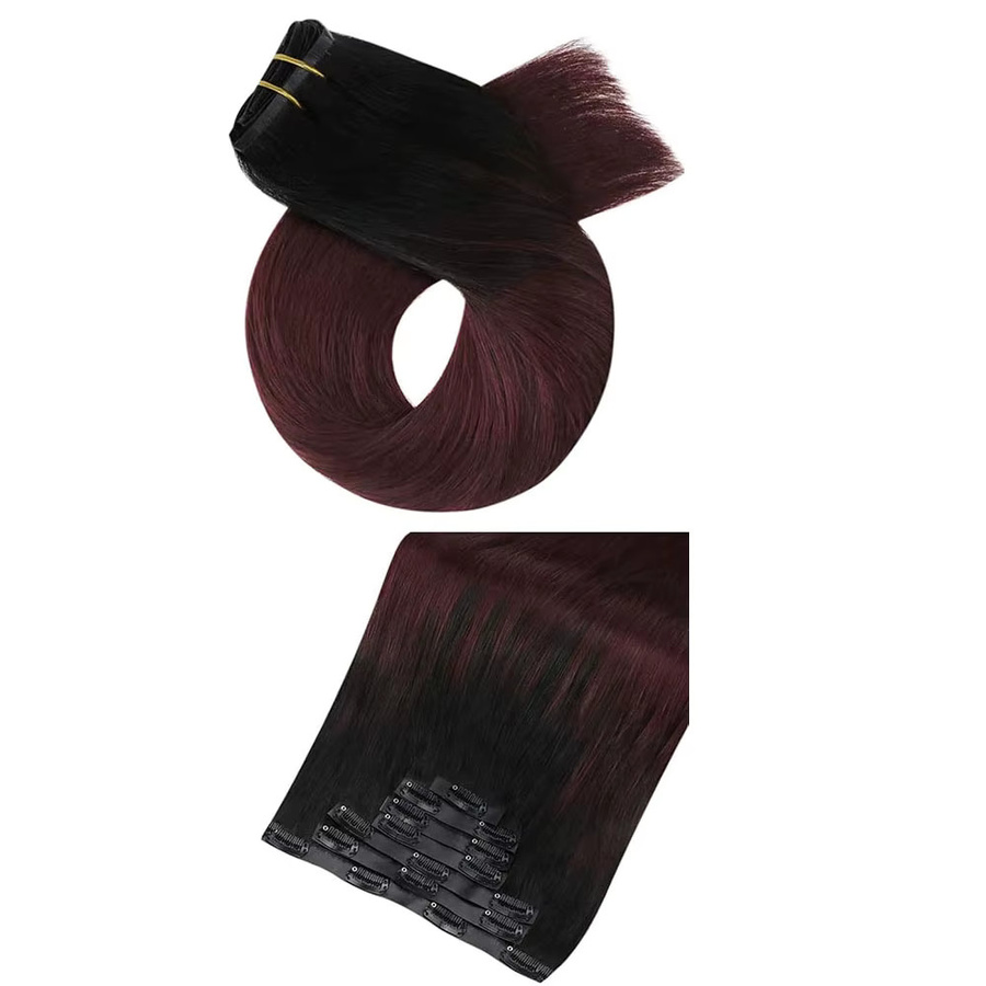 donxue Clip In Echthaarverlängerungen, Burgund Ombre, 110g, 8 Teile - Bild 7