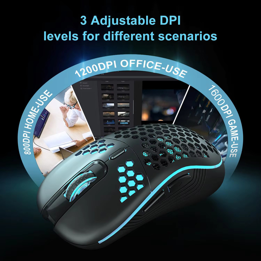 Konouyouko Drahtlose Gaming-Maus mit Waben-Design, RGB-Hintergrundbeleuchtung, wiederaufladbar und einstellbarem DPI, USB-Empfänger, Schwarz oder Weiß - Bild 3