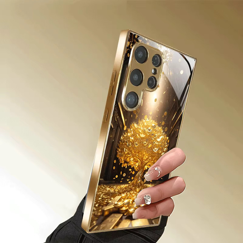 Handyhülle mit goldenem Baumbaumuster für Samsung Galaxy S26 S25 S24 S23 S22 S21 FE Ultra Plus aus galvanisierter Glas-Hartschale und TPU in Gold - Bild 4