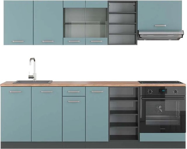 Vicco R-Line Küchenzeile Blau-Grau/Anthrazit Eiche glänzend B/T/H: 240 x 60 x 81,6 cm - Bild 1