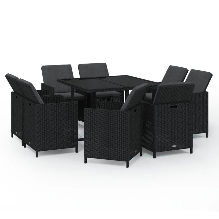 vidaXL 9-tlg Garten-Essgruppe aus Poly Rattan in Schwarz mit Hartglasplatte und wetterfesten Auflagen Modell 18 - Bild 2