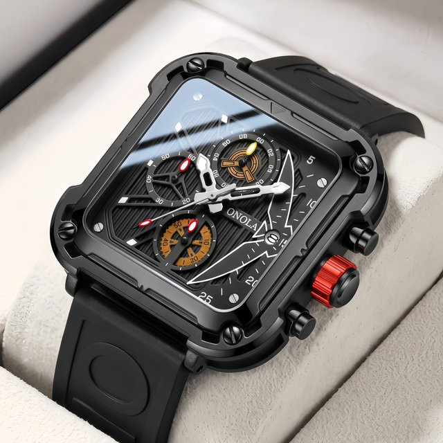 Onola Armbanduhr, Quarz, eckig, Schwarz, Silikon, Herren - Bild 1