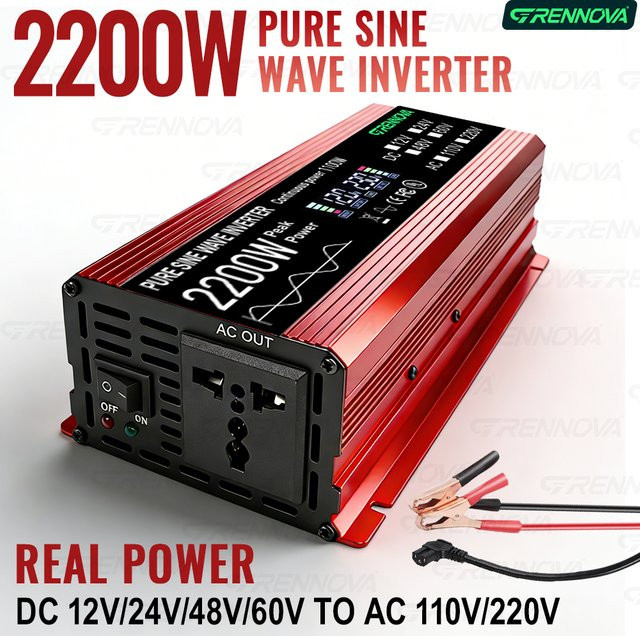 GRENNOVA Reiner Sinus-Wechselrichter 2200W DC 12V 24V 48V zu AC 110V 220V mit 1100W Nennleistung in Rot für Haus, Wohnmobil, LKW und Solarsystem - Bild 1