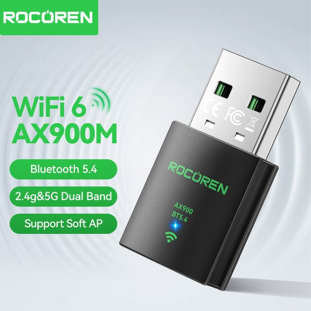 Rocoren AX900 WLAN-USB-Adapter in Schwarz mit Wi-Fi 6 und Bluetooth 5.4, 2-in-1-Dongle Dualband 2,4 GHz & 5 GHz Netzwerk-Empfänger für deinen PC - Bild 1