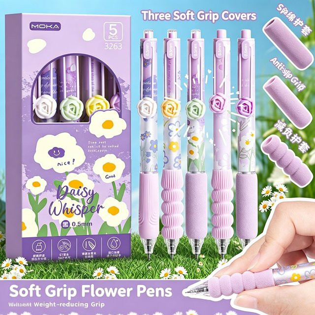 Daisy Garden Gelstifte Set mit 5 Stück, schwarze Tinte, 0,5 mm, mit Rosenclips und weichen Griffen für Schule und Büro - Bild 1